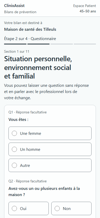 Questionnaire Patient, étape Situation personnelle avec ses réponses à choisir.
